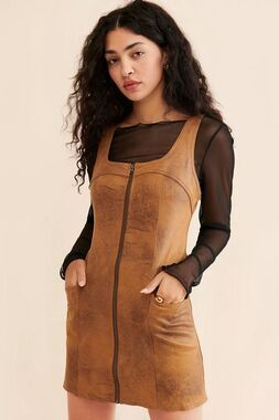 Free People Western Wind Faux Leather Mini Dress in Brown Medium